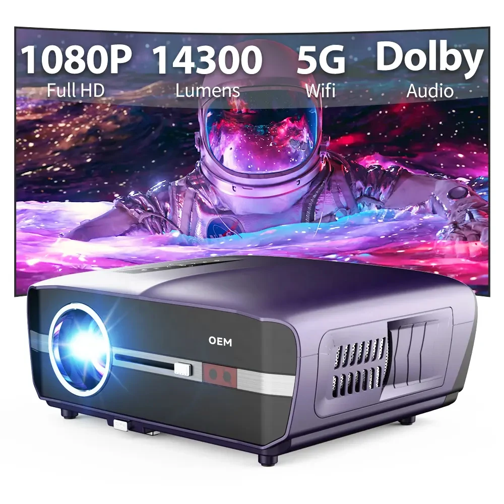 OEM 14300 Lumens 1080P 4K HD Smart Projector, Support USB / VGA / AV/RJ45/HD,Smart Version Home Theater Projector