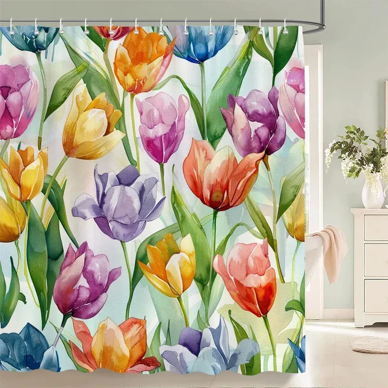 

ZYJ01Tulip Flowers Print Shower Curtains Watercolor Boho Floral Waterproof Polyester Bathroom Bathtub Curtain Room Decor Wit7Dc