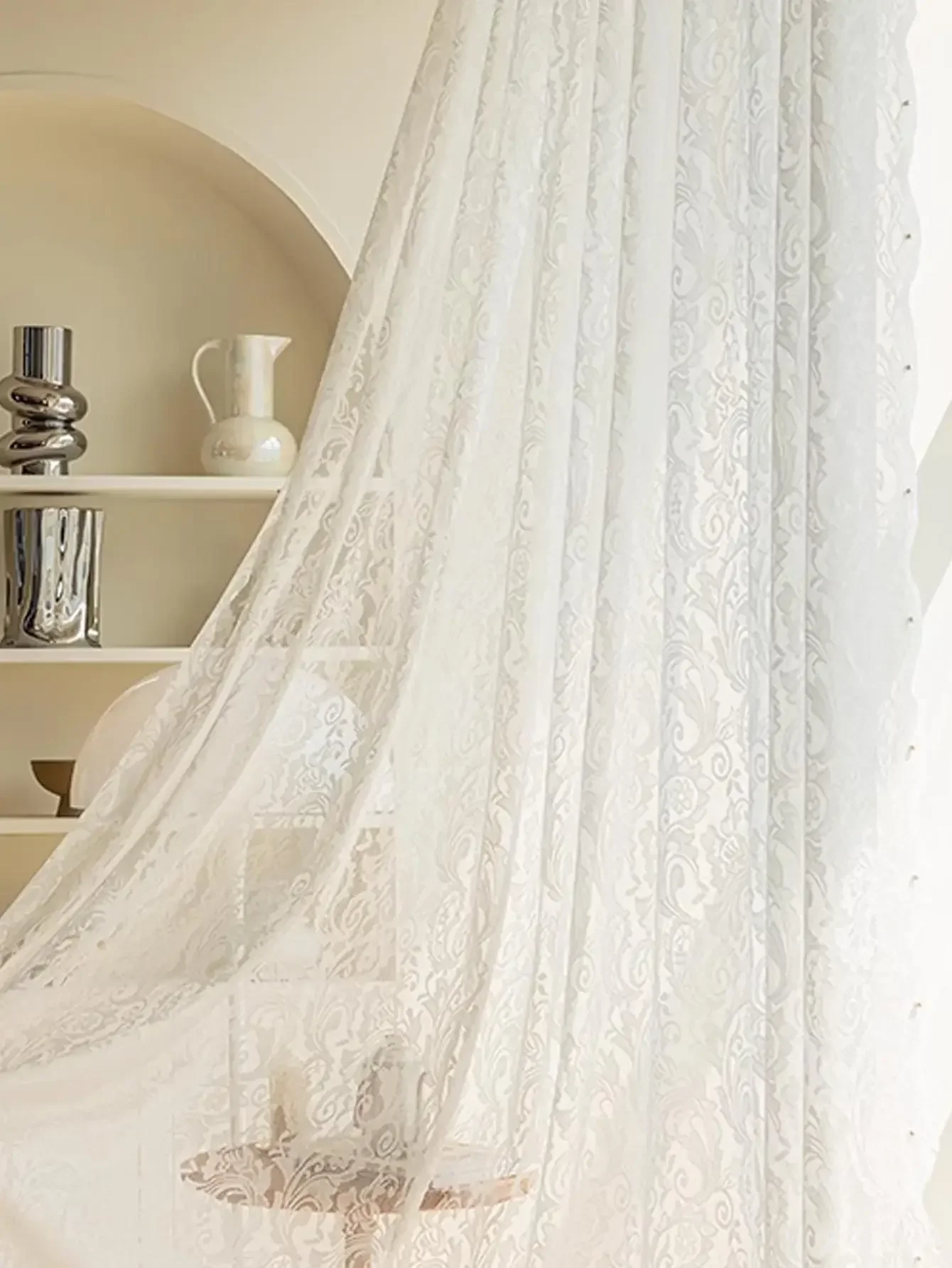Bedroom Living Room Screen Window Curtain 1PC White Rural Romantic Shading Lace Bead Screen Curtain