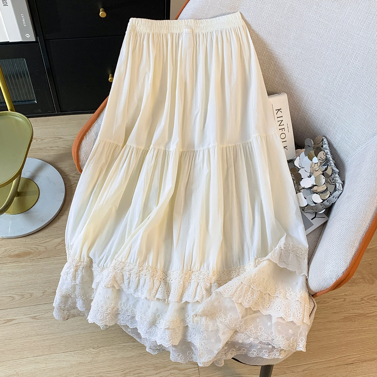 Retro Style Semi-Long Pure Cotton Lace Patchwork Midi Skirt Inner Lined Base Long Skirt  Color Sweet Forest System