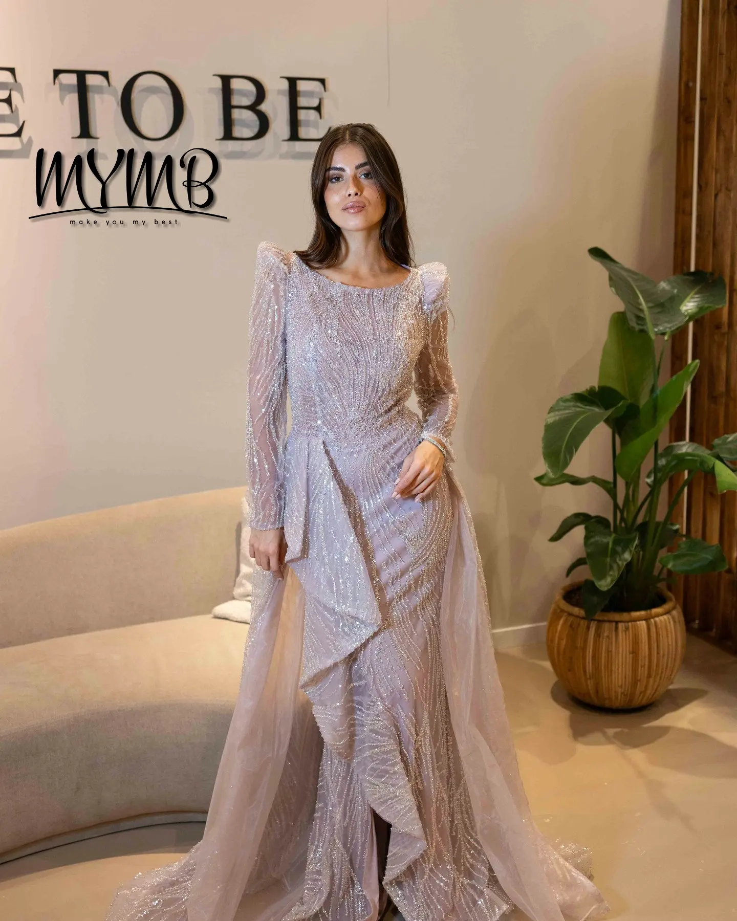 MYMB Glamorous Newest Design Hot Selling Middle Slit Long See Through Sleeve Embellished With Exquisite Bead Embroidery MB40324