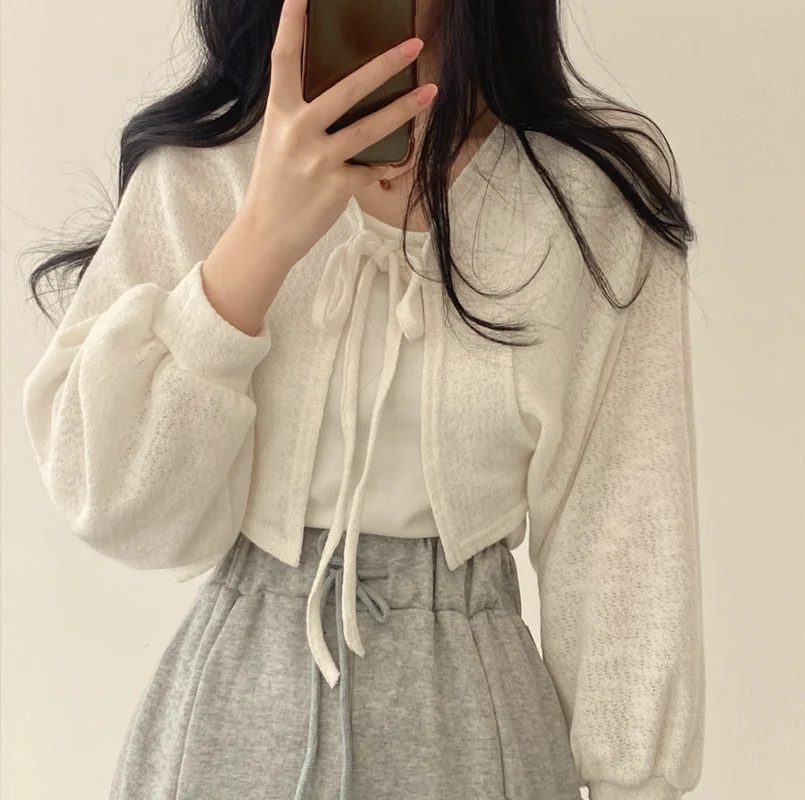 

Bandage Lantern Thin White Sleeve Cardigan Short Coat Pull Femme Wild Black Grey Knitwear Top Kimono Cardigan Casual Tshirt