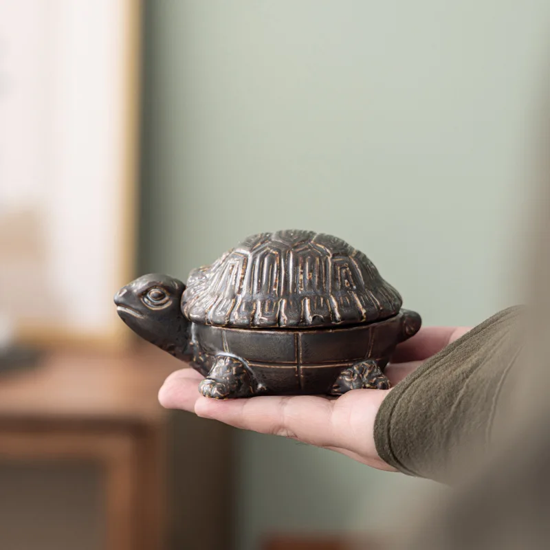 Longevity Turtle Ceramic Ashtray Small Tea Pet for Office Household Living Room with Dustproof Lid Chinese-style Cute Decorative