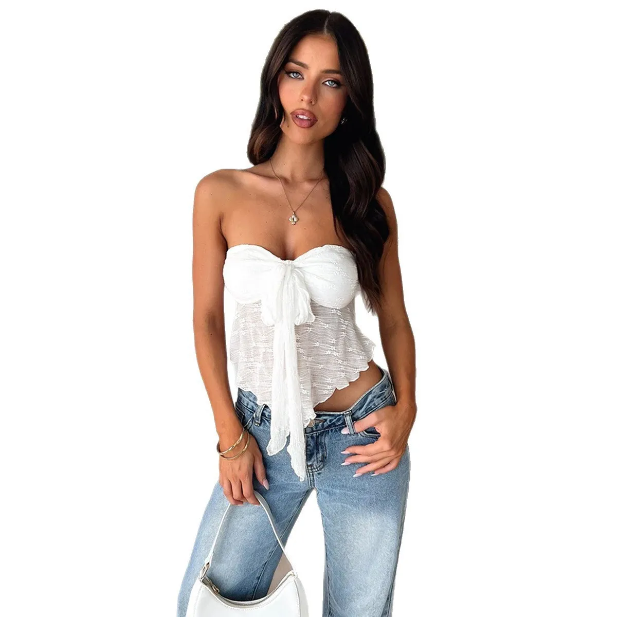 بلوزة نسائية صيفية أوروبية وأمريكية مثيرة موديل 2025 بياقة على شكل خط واحد وحزام عاري الكتفين #1