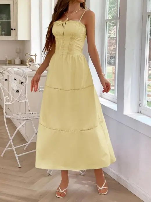 

Summer Leisure Vacation Style Women's Vest High-End Long Skirt Square Collar Lace Up Waist A-Line Backless Camisole Dress