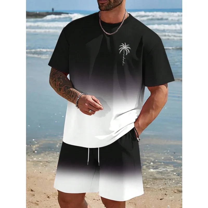2026 Men's Short Sleeve Set Gradient Color Print T-Shirts Drawstring Shorts Holiday Beach Short Sleeve Top Shorts Two-Piece Set