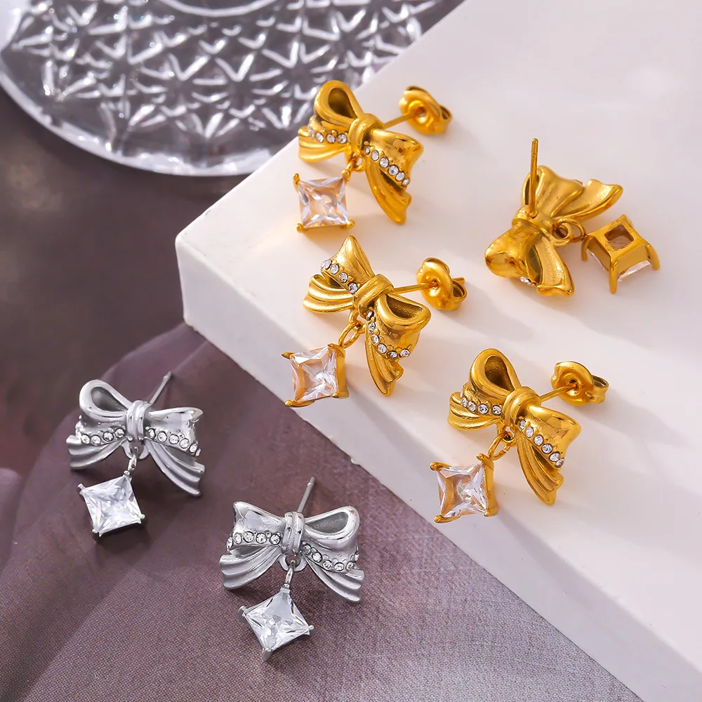 Bowknot Fashion Earrings for Women Stainless Steel Square White Zircon Ear Stud Charm Female Gold Plated Jewelry Wholesale