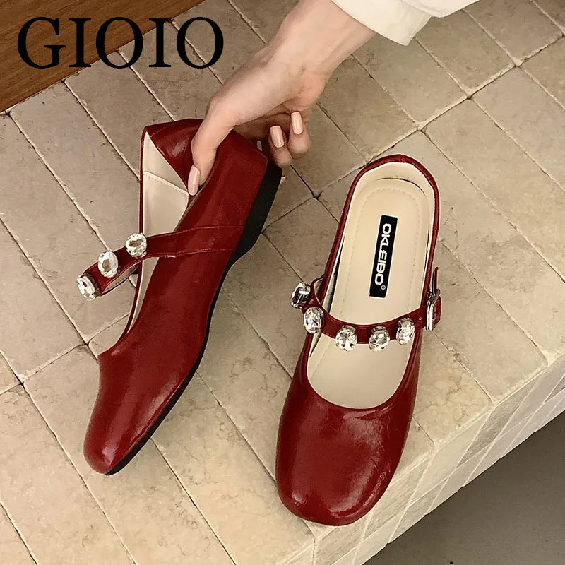 

《GIOIO》Hidden Heel Woman Shoes Flats 2026 Rhinestone Summer Red Ballet Flats Women Lolita Square Head Female Shoes