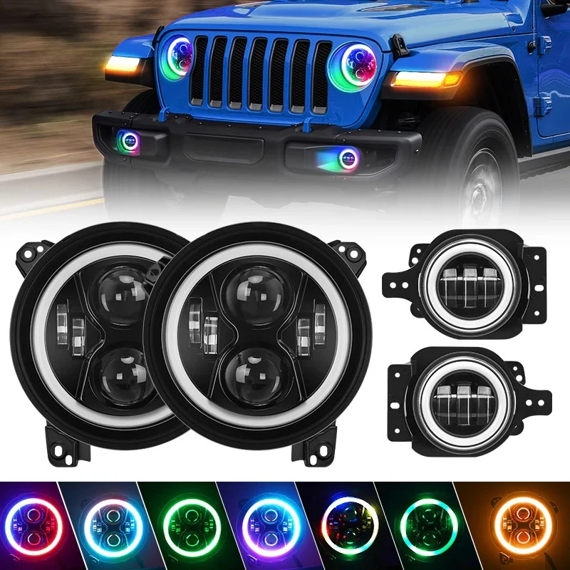 Suitable for 2018+ Jeep JL JT 9inch IP68 RGB Color Changing Turn Signal High and Low Beam Car LED Headlight