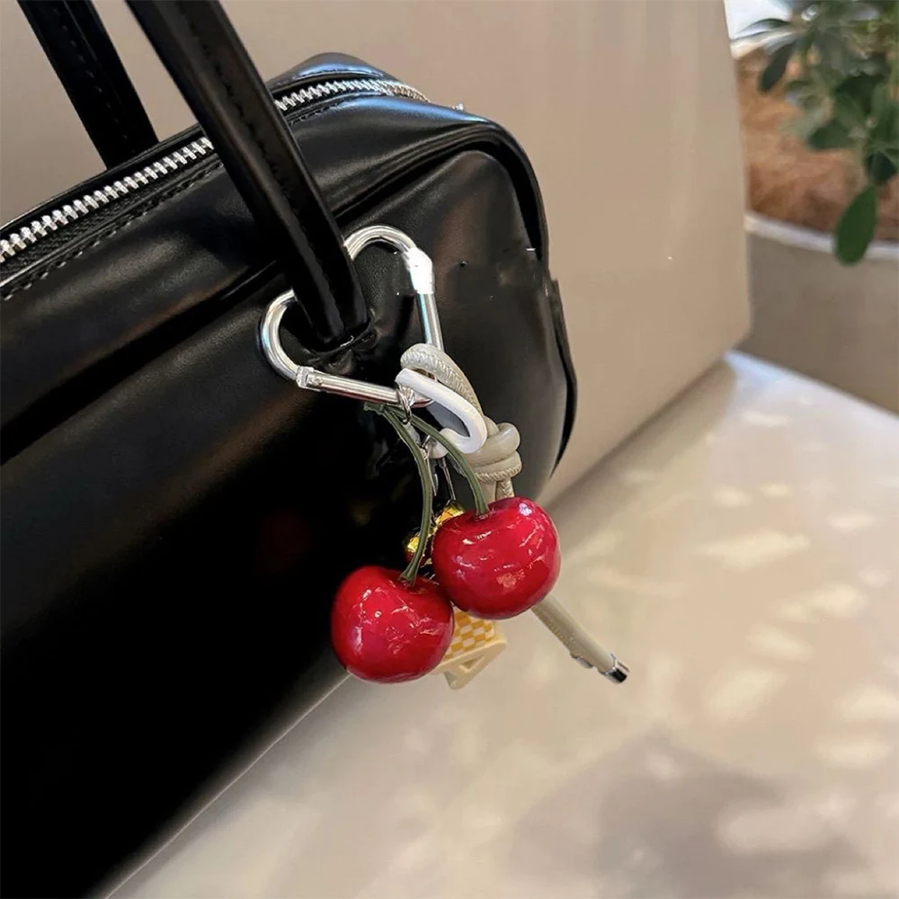 INS Korean Stylish Cherry Love Heart Leather Rope Pendant Chain Strap Y2k Retro Keyring Bag Camera Girl Phone Hanging Rope Cord