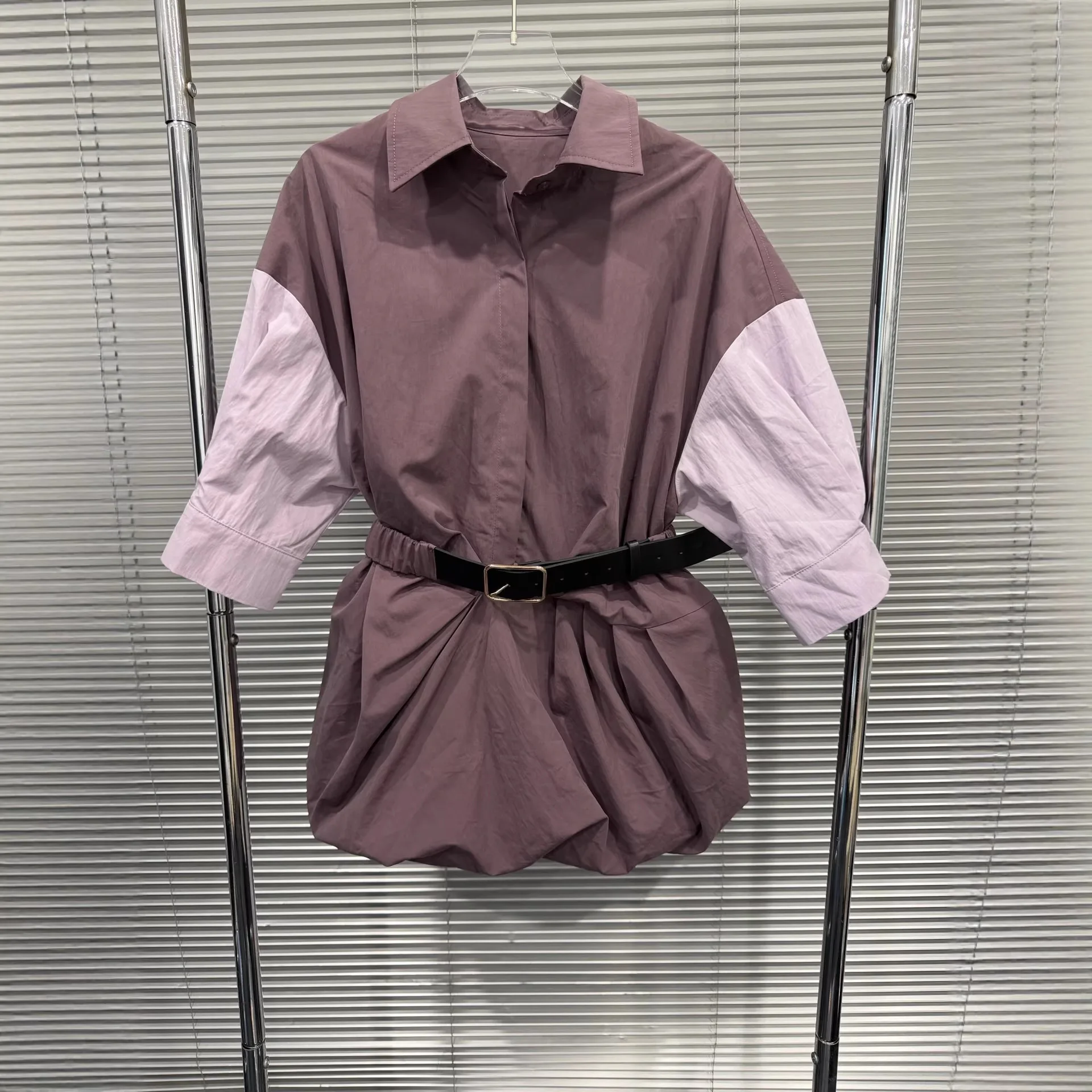 

2026 Spring New Arrival Color Block Waist-tempered Elegant Versatile Casual Shirt Dress for Women