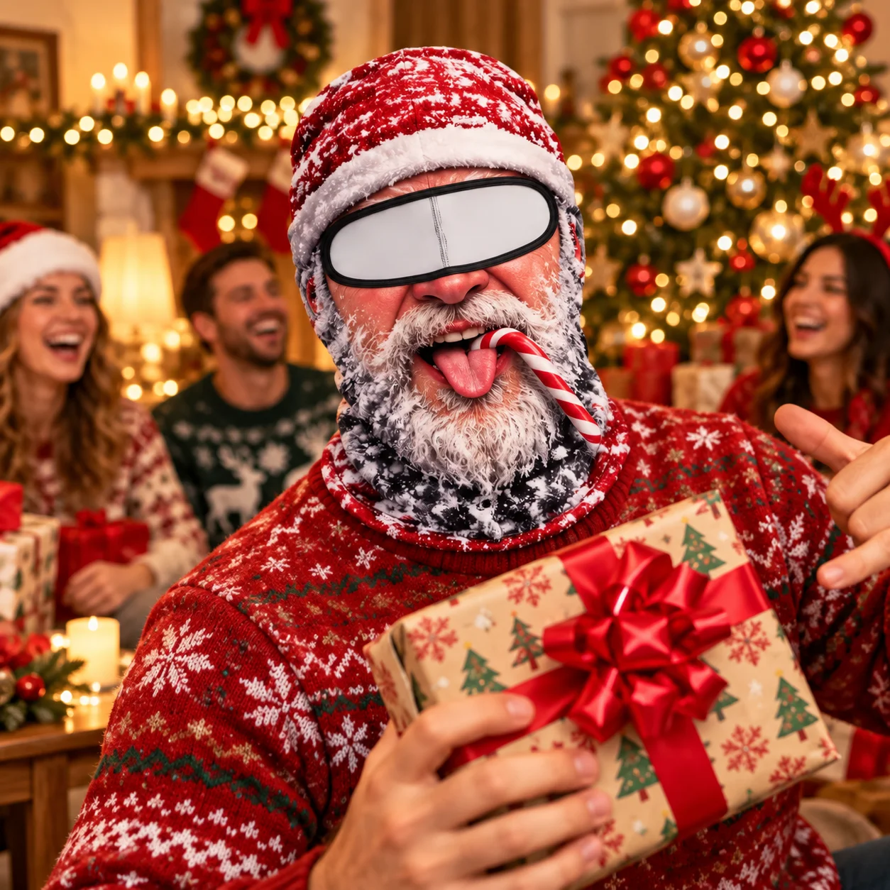 New Santa-Inspired Holiday Legend Mask  Rocker Claus Knit Red Pullover Festive Face Mask Cozy Blizzard Balaclava For Christmas