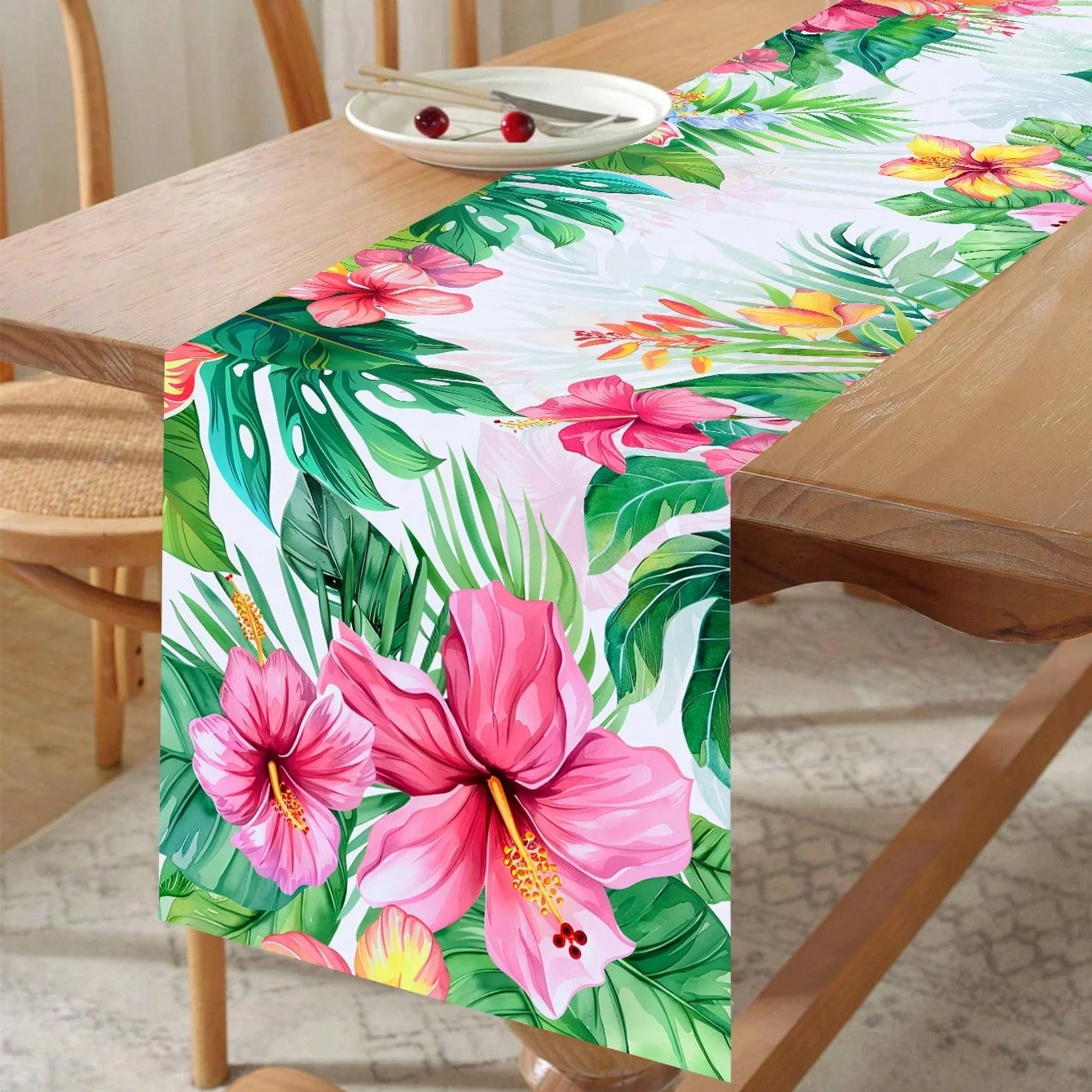 1Pc Tropical Floral Table Runner Hawaiian Style Hibiscus Flower Print Table Runner Summer Party Hibiscus Flower Decorative Cloth
