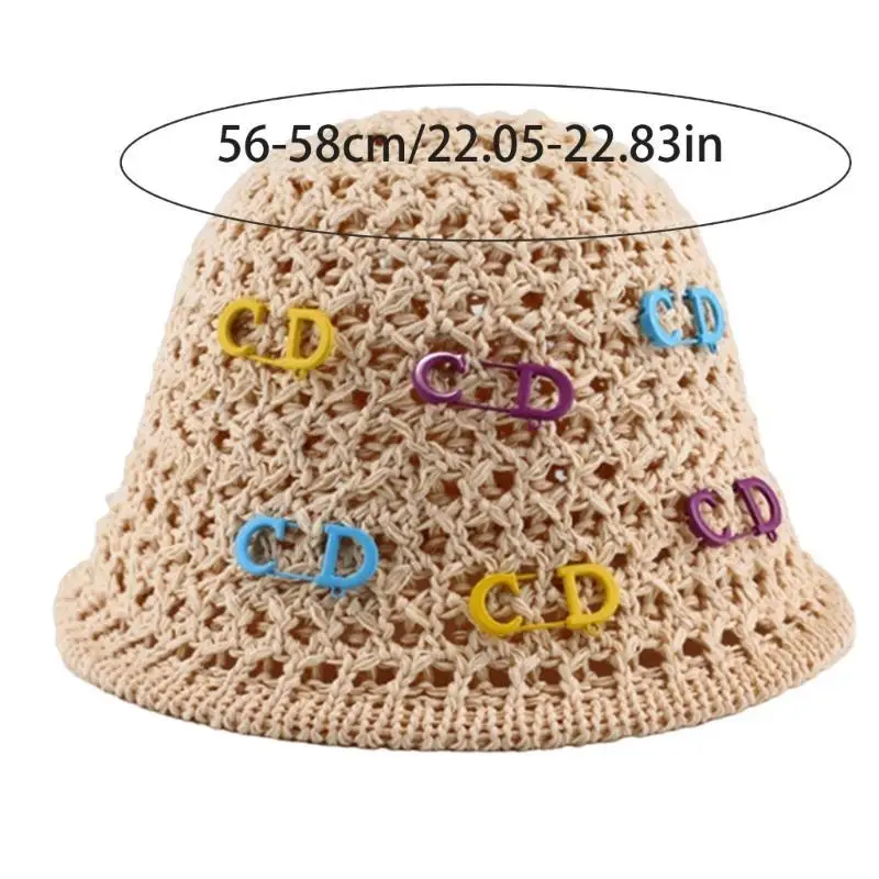 39BB Fisherman Hat Handwoven Breathable Wide Brimmed Vintage Colorful Pins Sun Hat Crocheted Straw Hat for Women