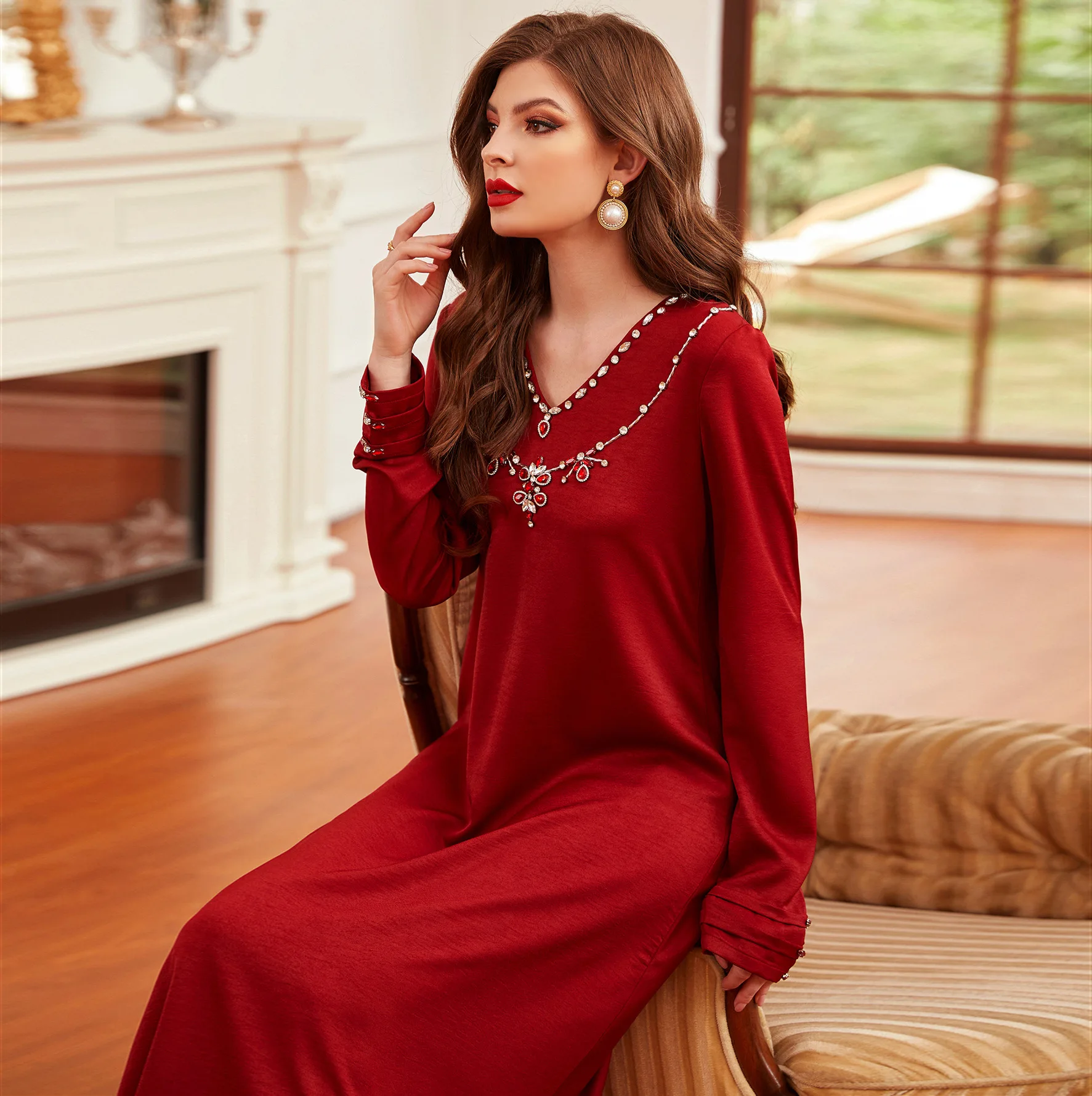 Fashion Muslim Dubai Hijab Dress For Women Eid 2021 Hand Stitch Diamond Abaya Moroccan Turkey Arabic Oman Clothing Red