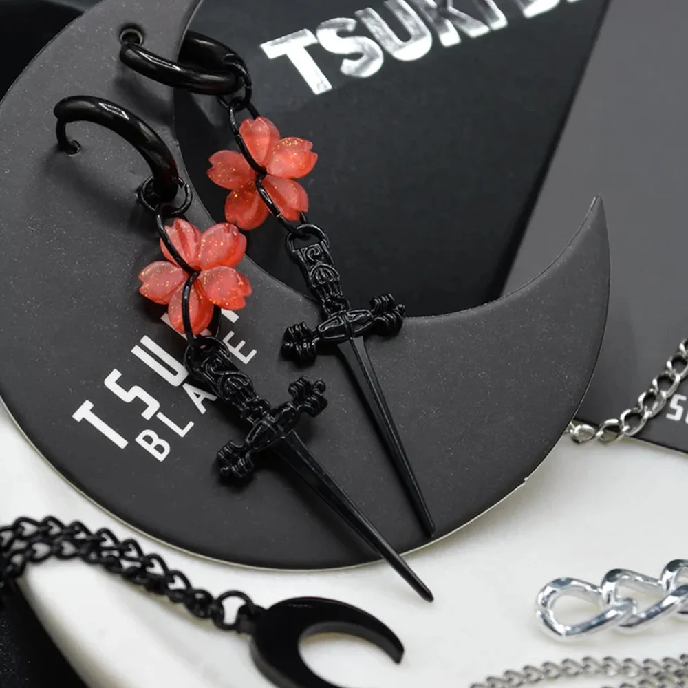 

Punk Gothic Y2K Japanese Style Vintage Black Cross Cherry Blossom Sword Earrings Pendant Accessories for Women Halloween Jewelry