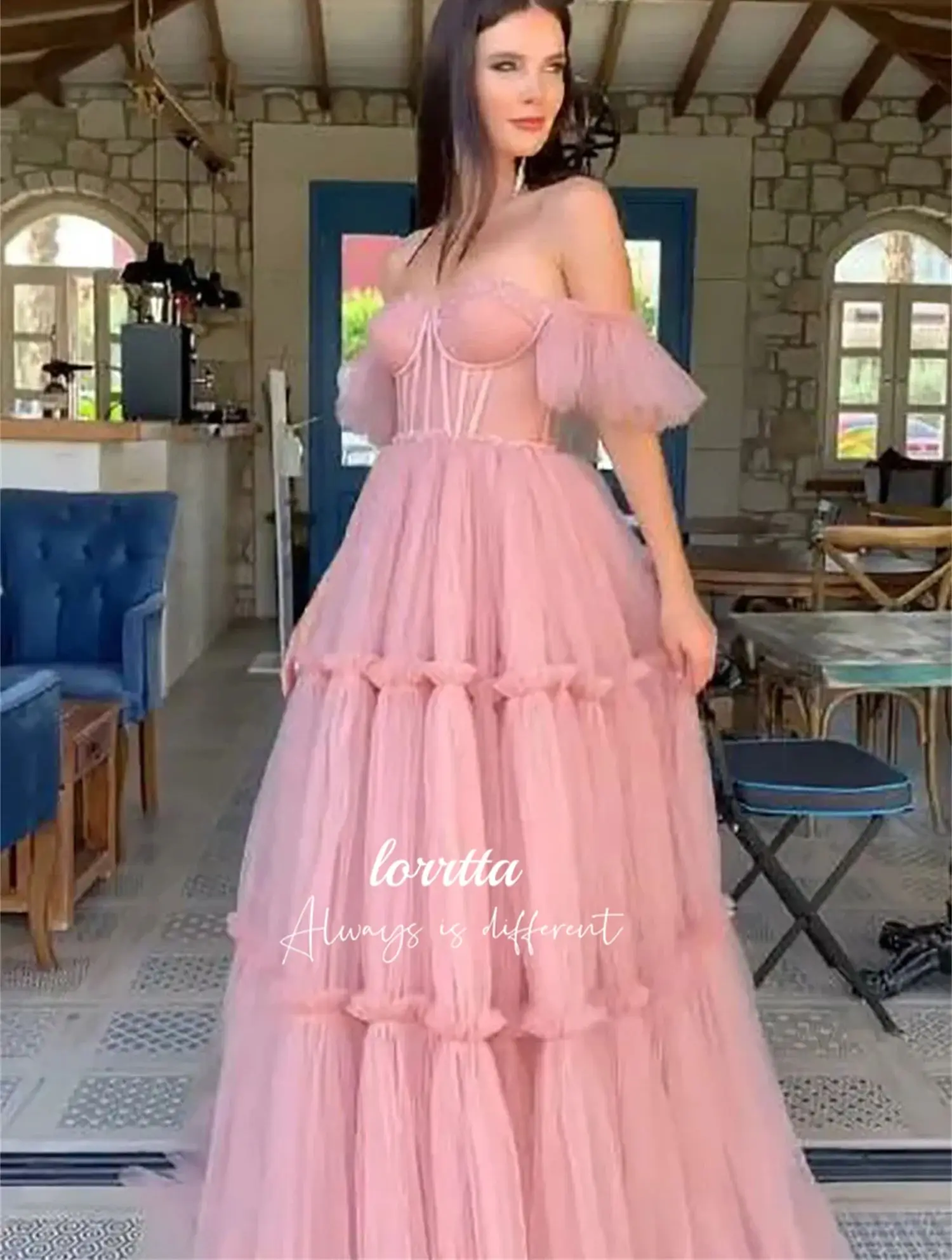 

Lorrtta Fluffy Pink Layered Evening Dress Birthday Party Ball Gown Suitable Dresses on Request Galabia Wedding Prom Formal Long