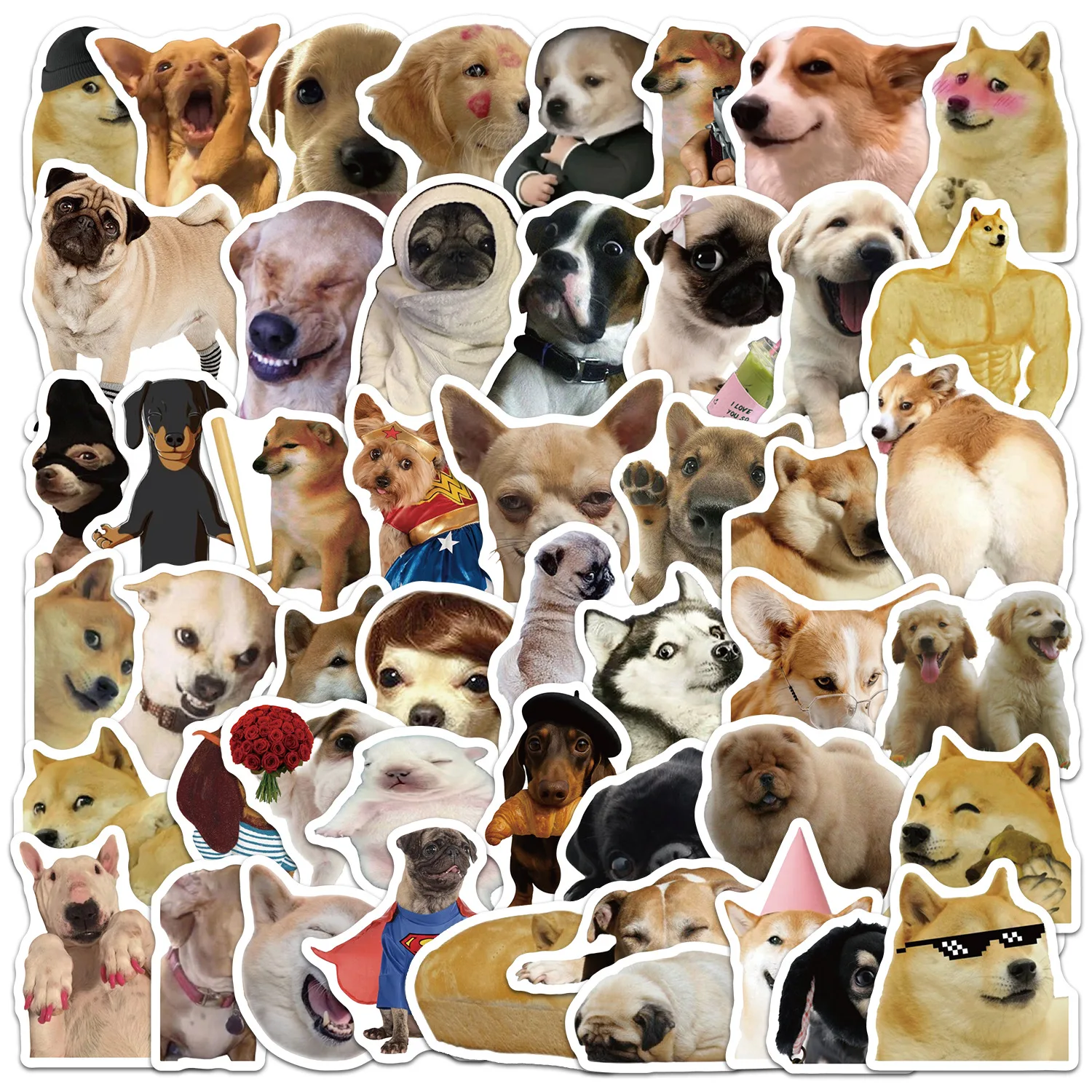 50 PCS Cartoon Funny Dog Surprised Expression Waterproof Stickers Pack Decorate Luggage Skateboard Car Bumper Diary Decals