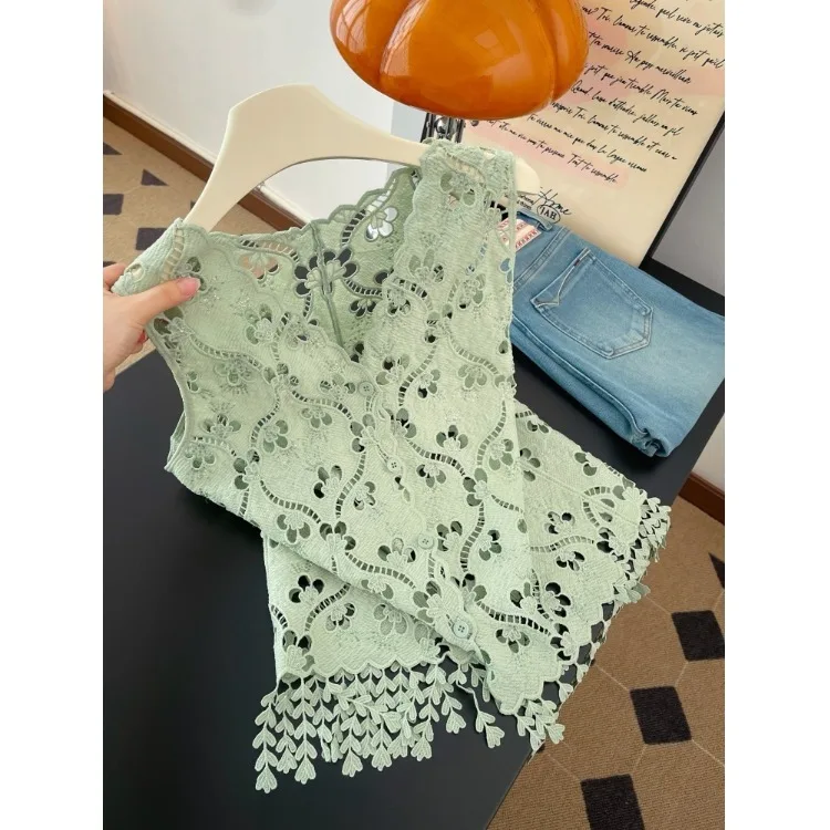 

Glittery Heavy Embellished Open Cardigan Women's Summer Fashion Design Slimming Elegant Versatile Sleeveless Top