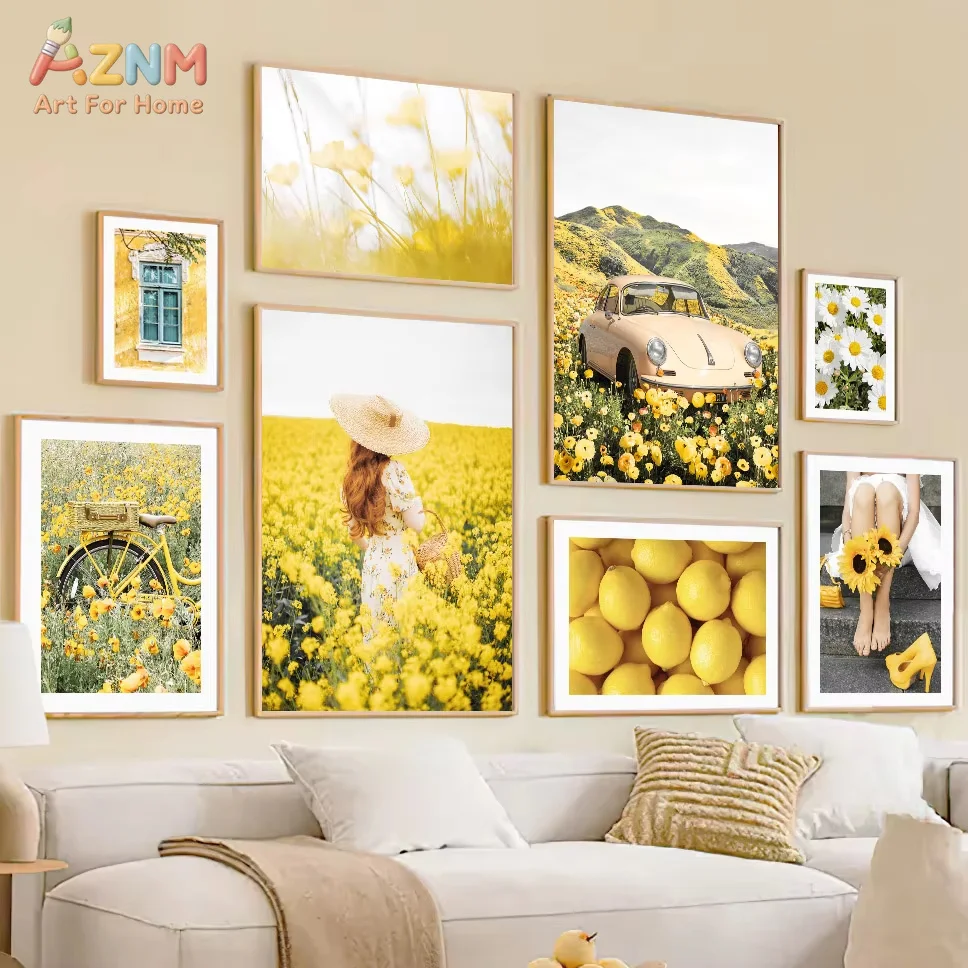 1PC,Wall Art Canvas Painting Sunflower Lemon Farmhouse Car Spring Nature Landscape Yellow Posters Picture For Room Home Decor