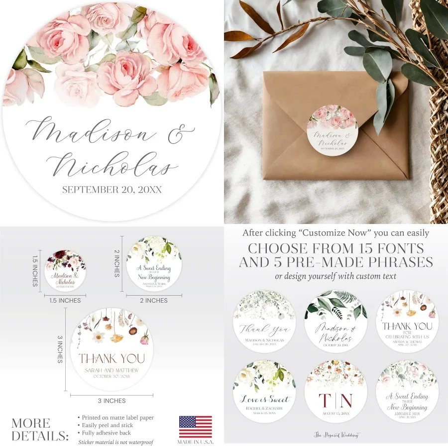 

Personalized Floral Wedding Stickers with Your Choice of 30 Flower Styles - Customize Font and Select One of Five Pre-made Phra