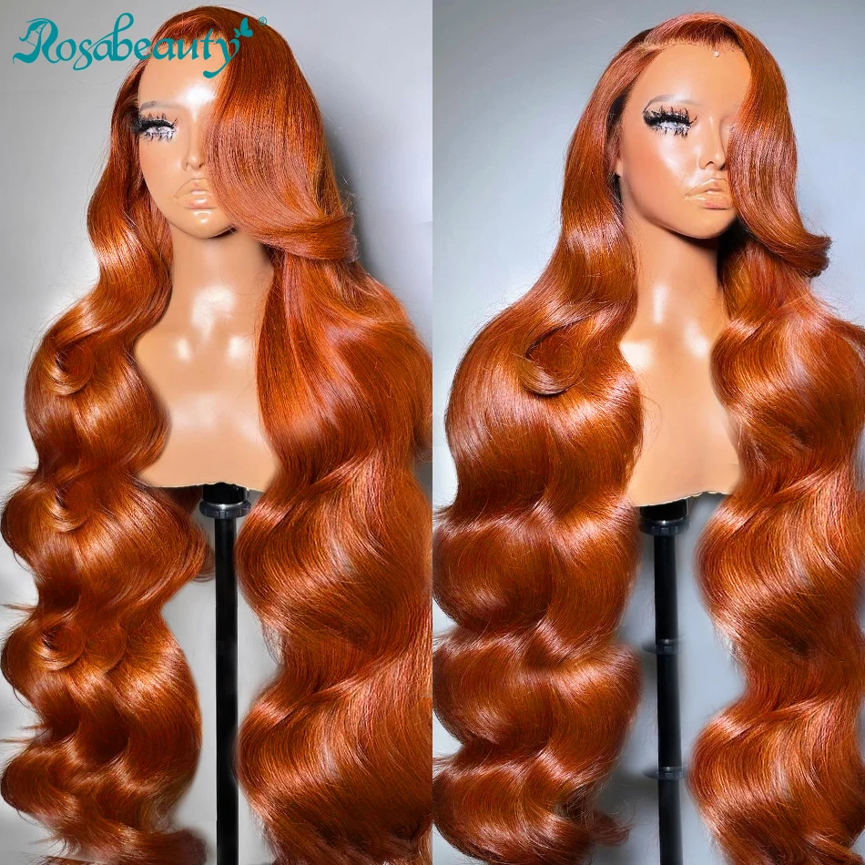 Rosabeauty 30Inch Colored Orange Ginger 13x4 Lace Front Wigs Human Hair Body Wave 13x6 HD Lace Frontal Wig For Women 250 Density