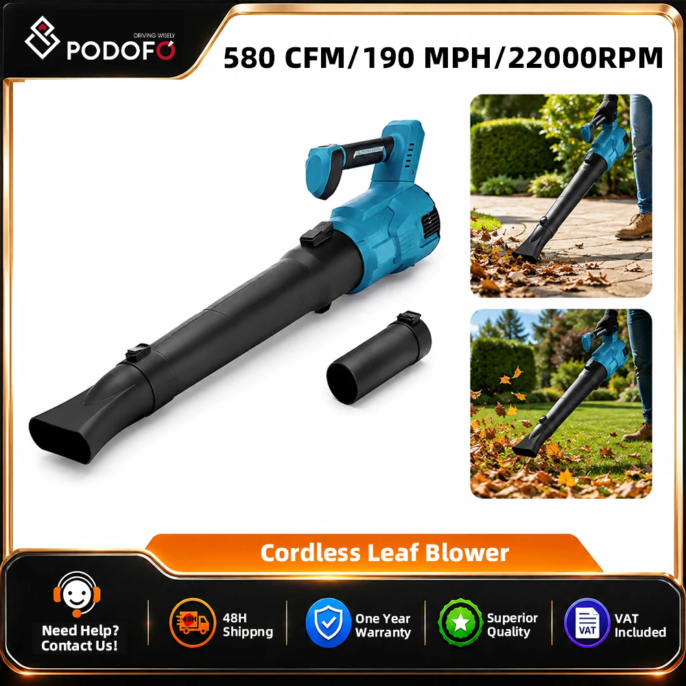 Souffleur à feuilles portatif Podofo 580 CFM/190 MPH/22000RPM, souffleur sans fil léger pour neige et poussière, idéal pour l'entretien des pelouses, des patios et des jardins