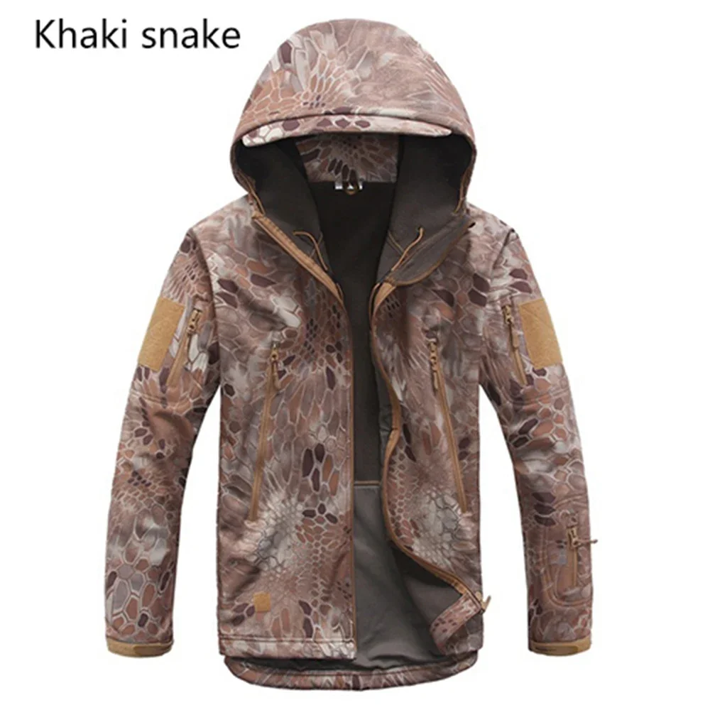 Men's Softshell Waterproof Python Camouflage Jacket Winter Fleece Tactical Jacket Outdoor Hiking Hunting Hooded Coat