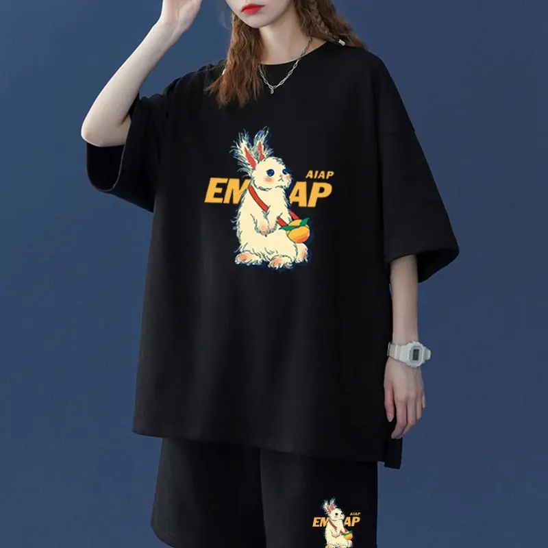 

2 Pieces New Women Casual Sports Wide Leg Short Sets Summer Oversized Top Cartoon Rabbit Fashion Loose Short Sleeve T-Shirt Suit