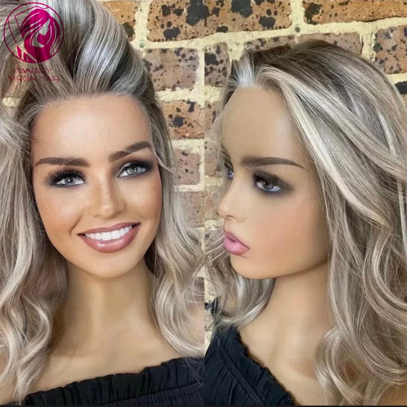 New In Human Hair Lace Frontal Wigs Ash Blonde with Light Grey Highlights Glueless 13x4 Lace Front Wig Sale for Women Free Part