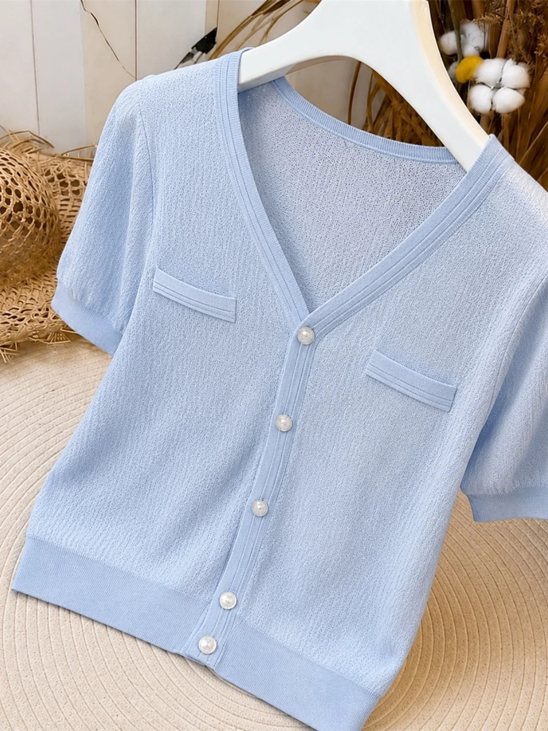 

Korean Style Simple Ice Silk Knitted V Neck Single Button Commute Elegant Anti Aging Top Women's Fashion Summer Shirt
