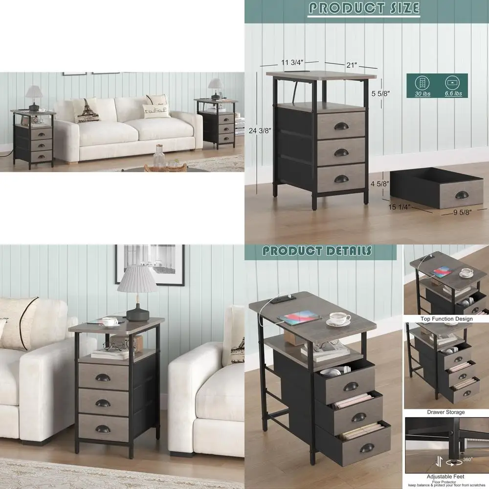 

Прикроватная тумба-столик с зарядной станцией, USB-портами и розетками для гостиной, узкая тумба с 3 ящиками для небольших помещений, тонкая серая модель