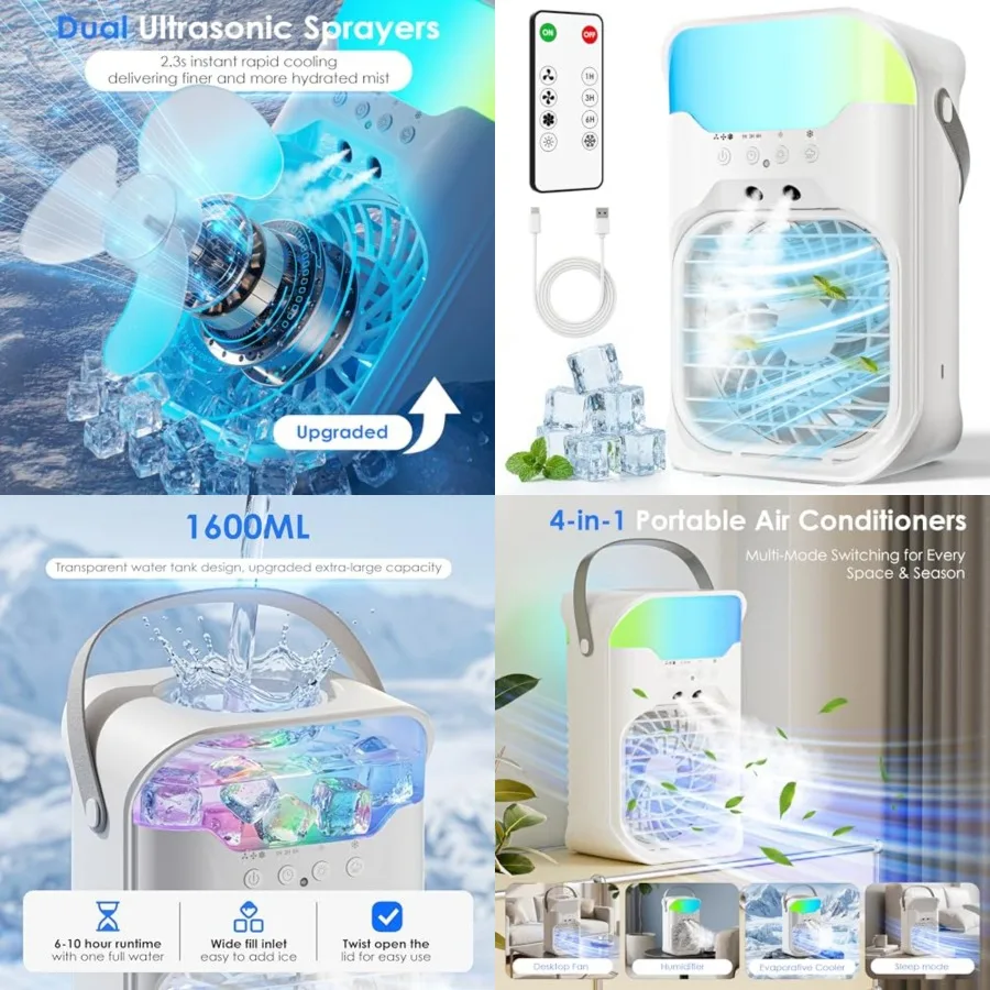 

Portable Air Conditioners, 4-in-1 Air Conditioner, 2.3-Second Cooling and 3 Fan Speeds, 1600ML Water Tank With 2 Mist, 10 Color