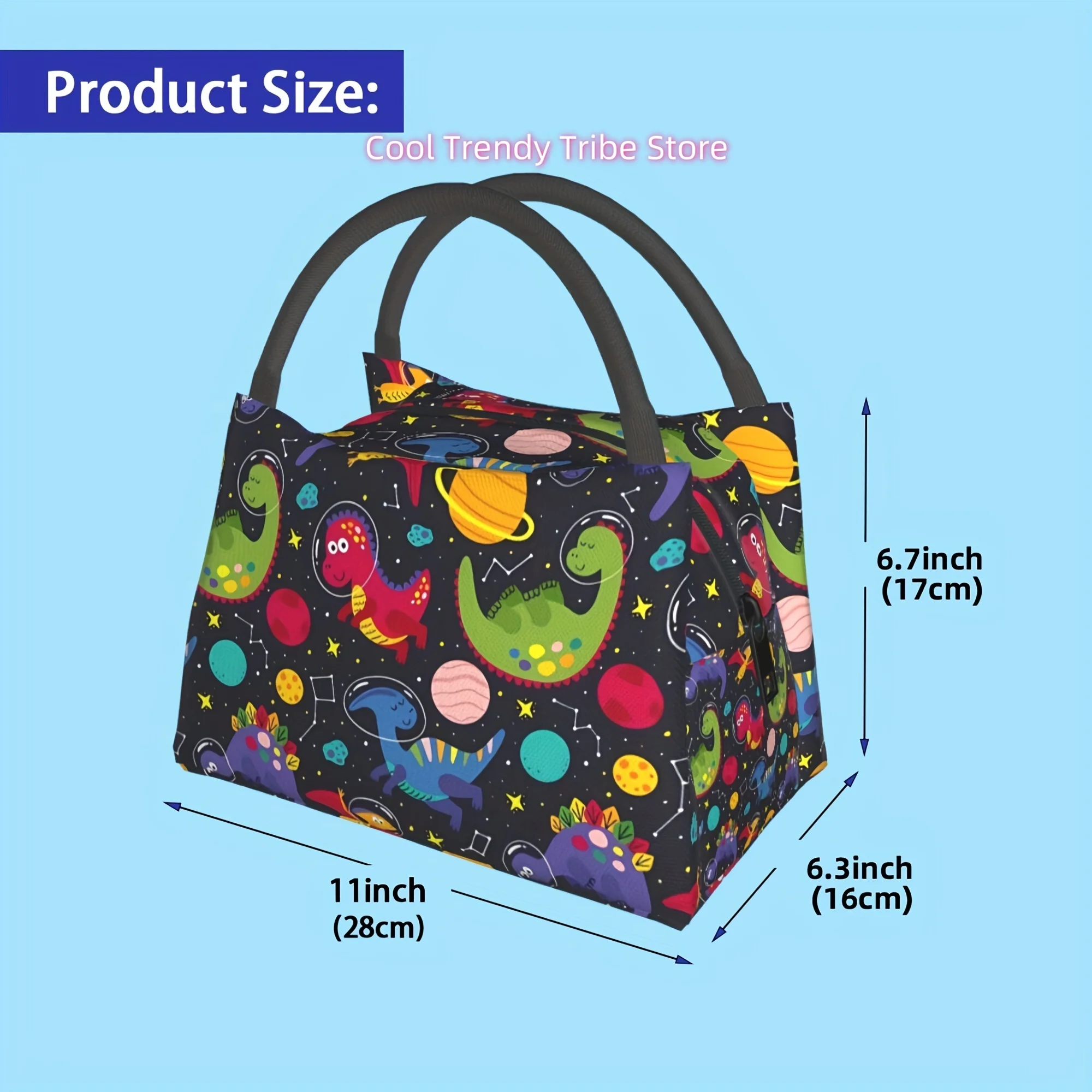 Insulated Lunch Bag, Reusable Large Lunch Tote with Thermal Zipper Closure, Starry Sky Dinosaur Pattern Portable Lunch Box Coole