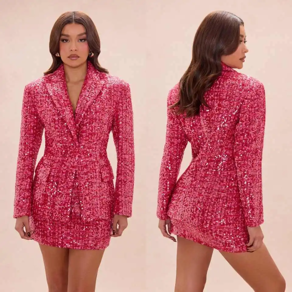 Glam Sequin Tweed Women 2 Piece Outfit Notched Lapel Fitted Blazer Mini Skirt Set For Cocktail Banquet Night Event Customized