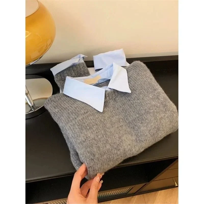 レディース秋服フェイクツーシャツカラーセーター新ファッションリネン混ニットトップス