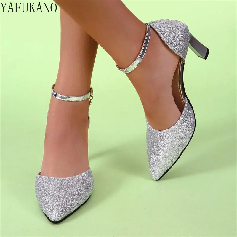 Summer Mid Hollow Women Sandals Gold Silver Glitter Bling Party Wedding Shoes Pointed Toe Small Thick Heel Ankle Strap Pumps