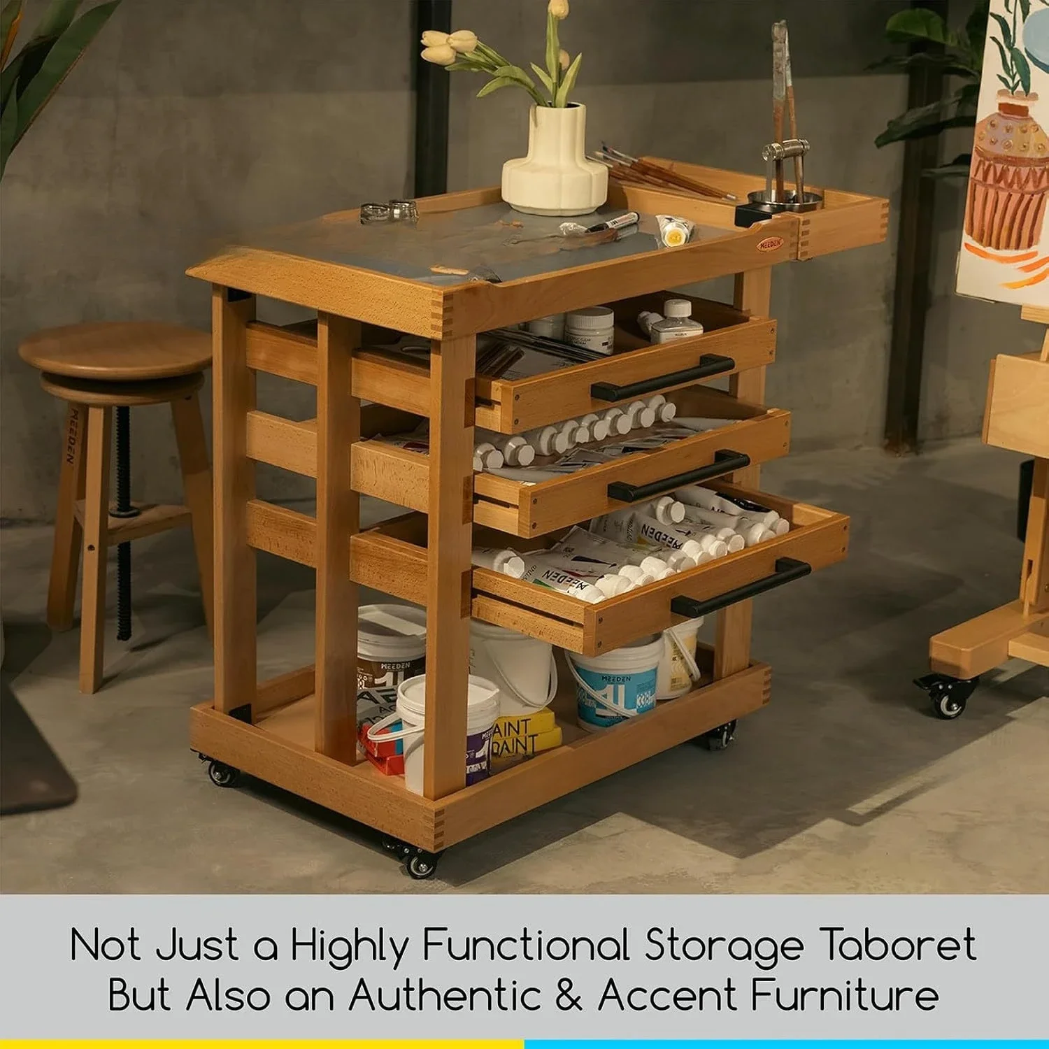 Wooden Art Supplies Storage Cart with Three Drawers Cart Mobile Craft Storage Oil Painting Tools Storage Rack