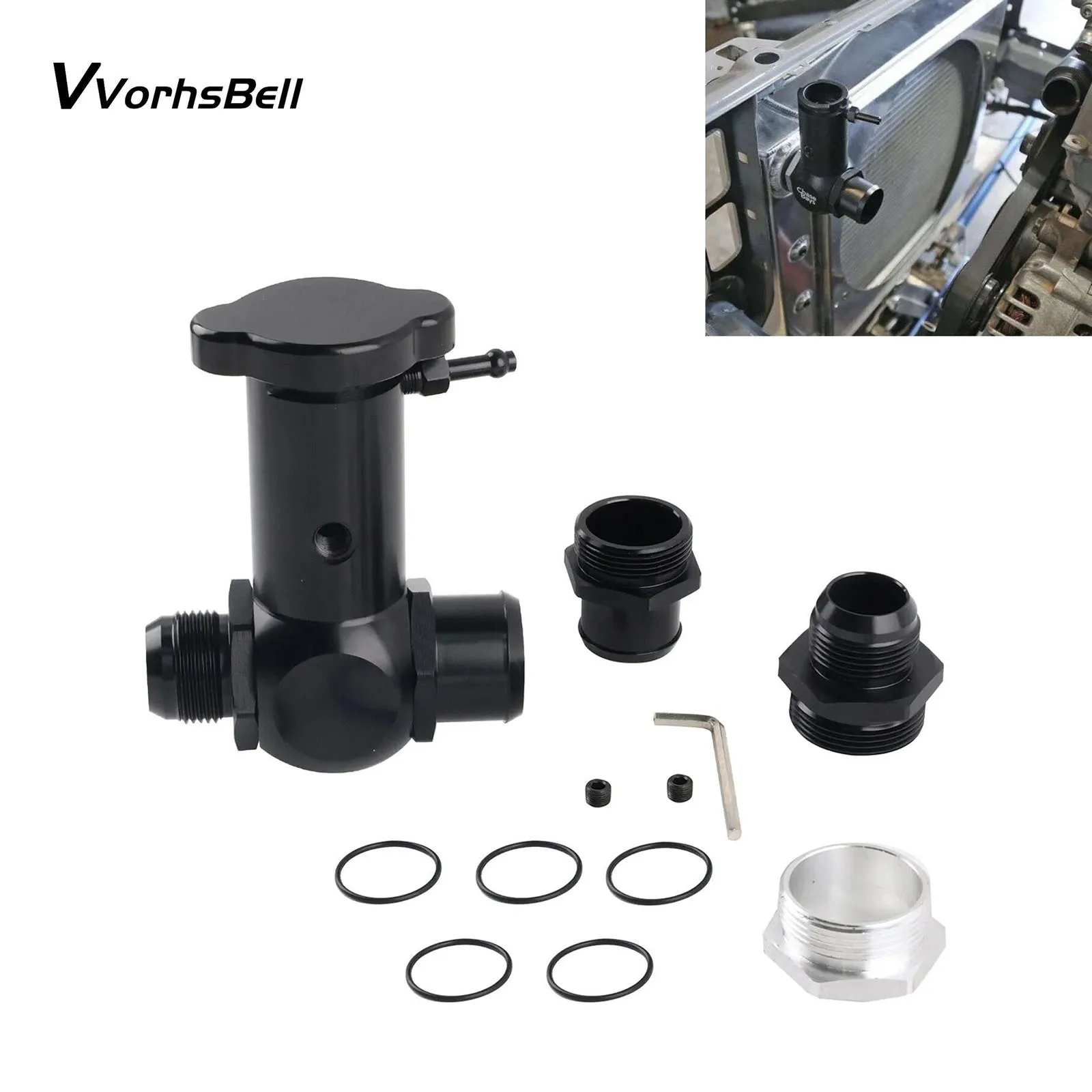 

Universal Aluminum Radiator Filler Neck 16AN 20AN Raised Inline 1/8 NPT Ports For Honda Civic Nissan 1JZ 2JZ RB25 KA24