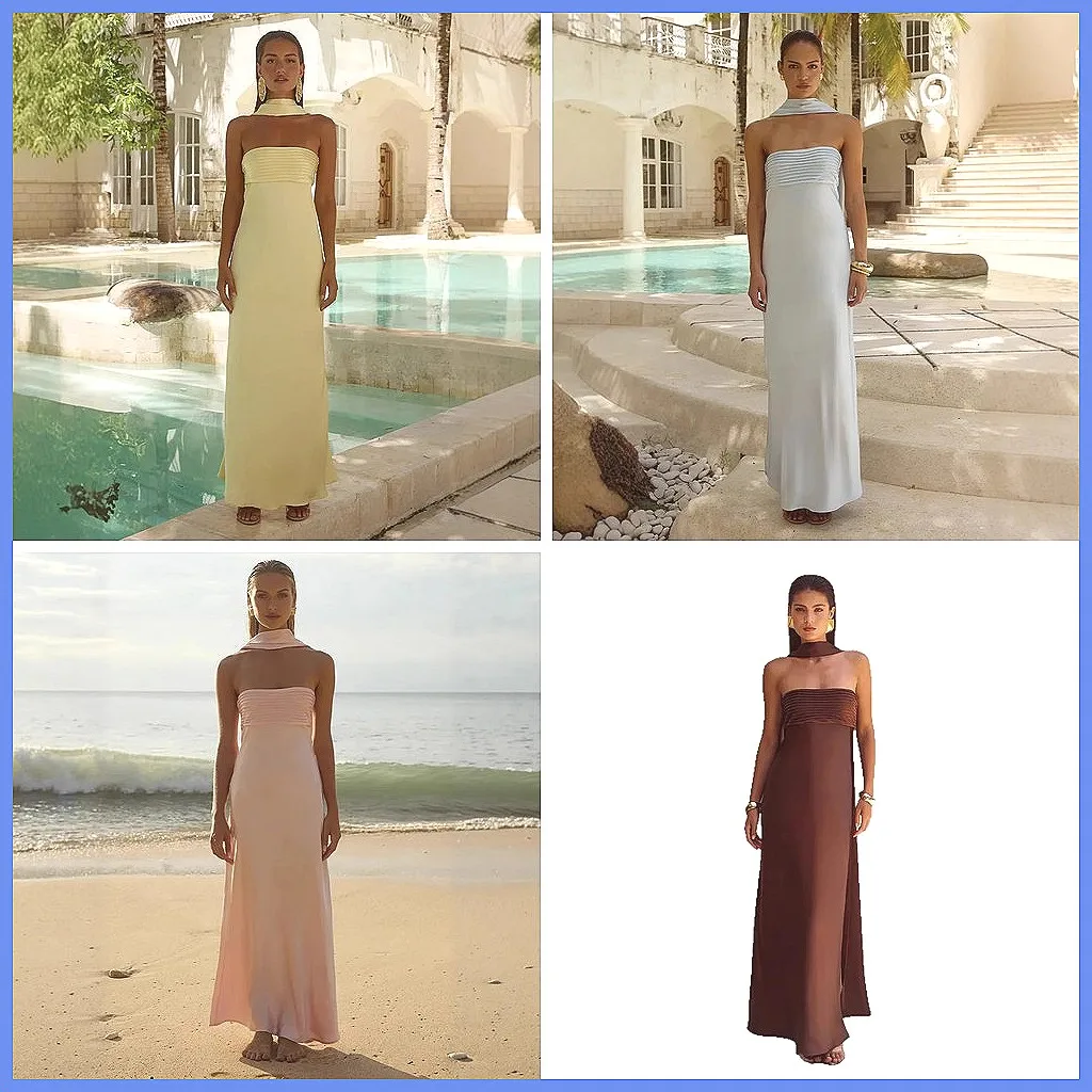 

Elegant Satin Strapless Bodycon Dress, High Waist Polka Dot Long Dress for Party & Club