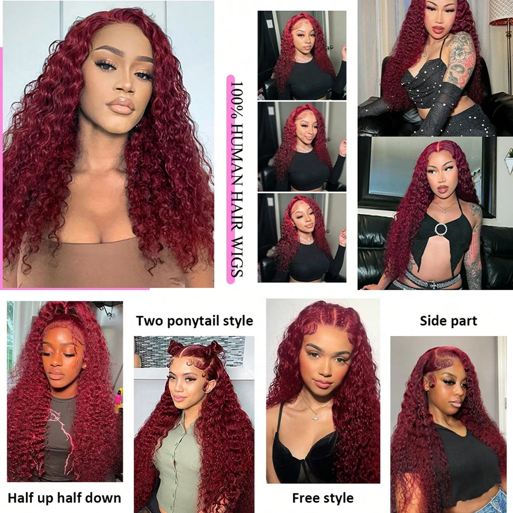 99J Red Deep Wave Burgundy Curly 13x6 hd Transparent Lace Frontal Human Hair Wig 200 Density Water Wave Brazilian Human Hair