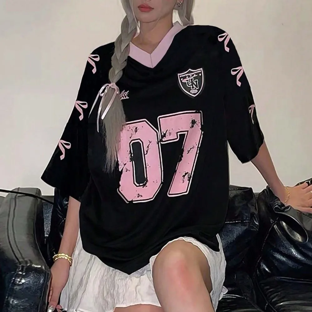 

V-neck Sports Tennis T-shirts Large Size Number Print Female Crop Tops American Style Teenagers Adolescent Bow Letter Shirt