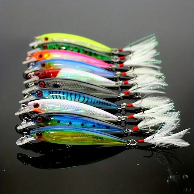 Zestaw 10 szt. przynęt wędkarskich Larser Minnow, szybsze łowienie okoni z haczykiem z piórami, sztuczna przynęta Crankbait, 9 cm/7 g