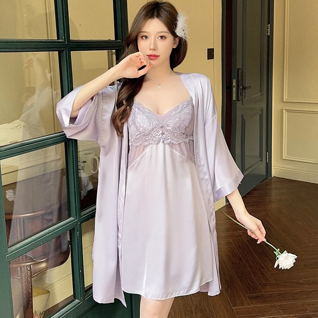 Twinset Lace Bathrobe Gown Set Women Robe Nightgown Lingerie Sleepwear Set Summer Kimono Silky Satin Nightsuits Dress Loungewear