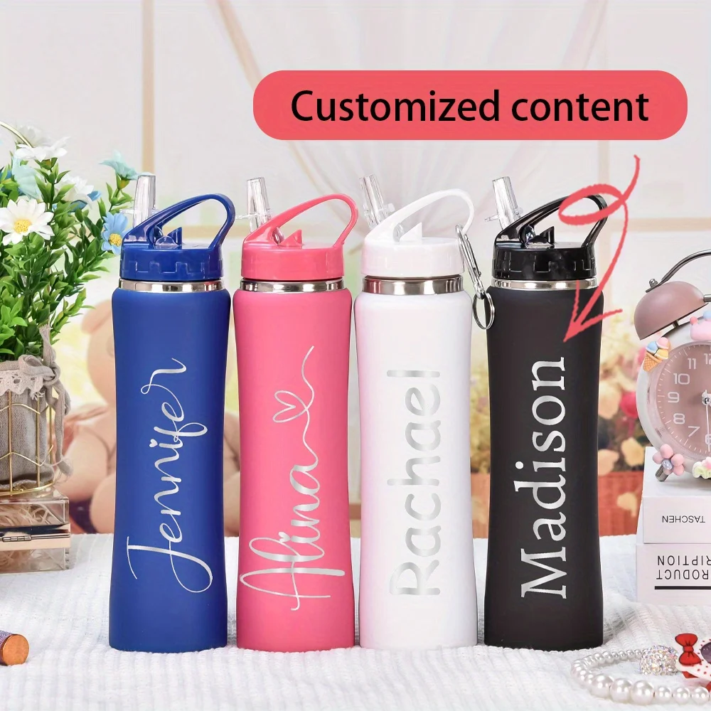 Custom Name Cursive Heart Stainless Steel Water Bottle, Engraved Tumbler With Straw, Portable Travel Cup, Custom Gift.