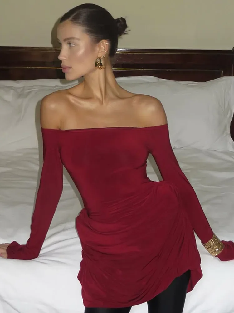 Ruched JERSEY มินิชุดผู้หญิงปิดไหล่แขนยาวไม่สมมาตร Hem Bodycon Vestidos Casual PARTY วันที่ Lady ชุด