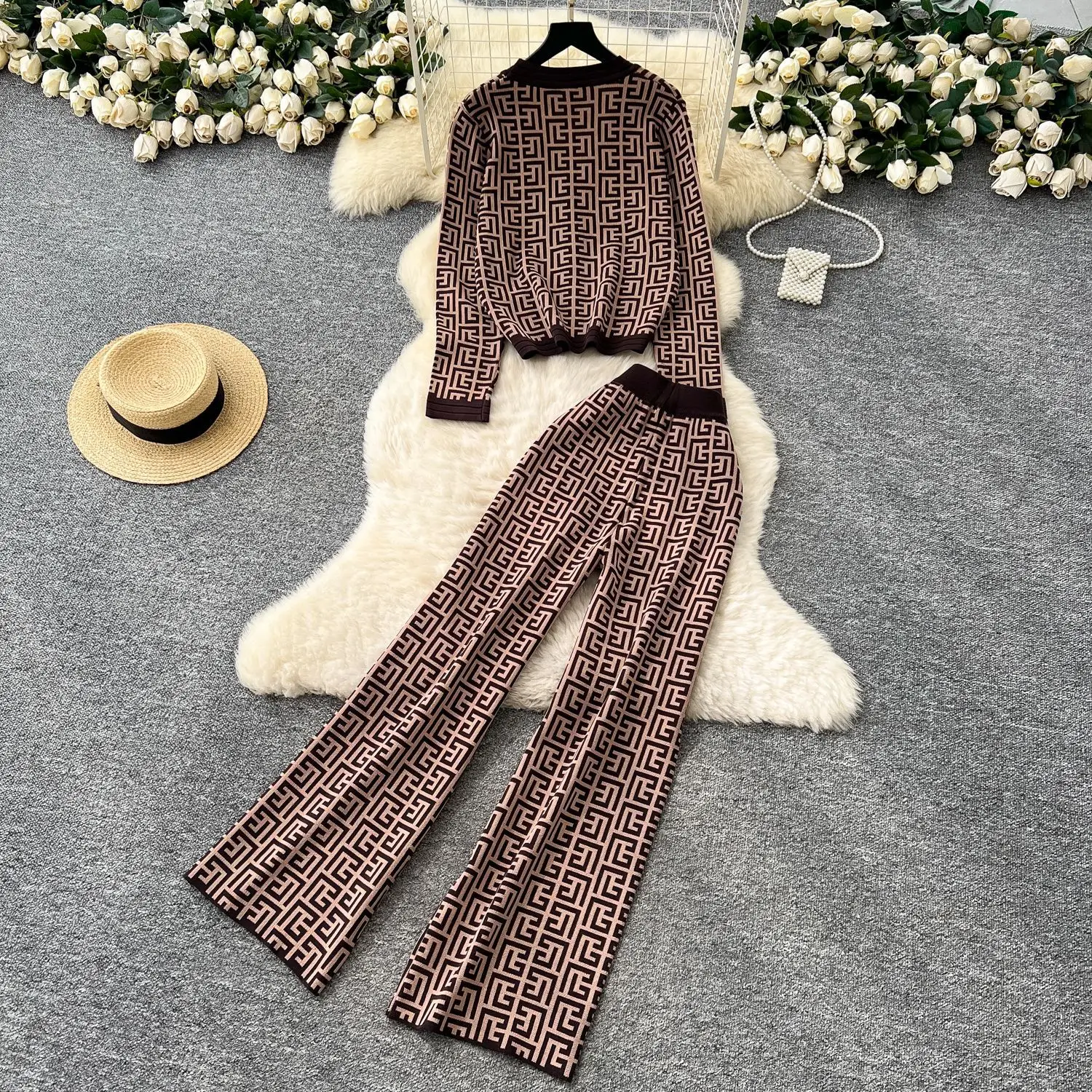 Two Pieces Women Knitted Pant Set Geo Print V Neck Single Breasted Cardigan Empire Waist Wide Leg Pants Loose Casual 2025 Autumn