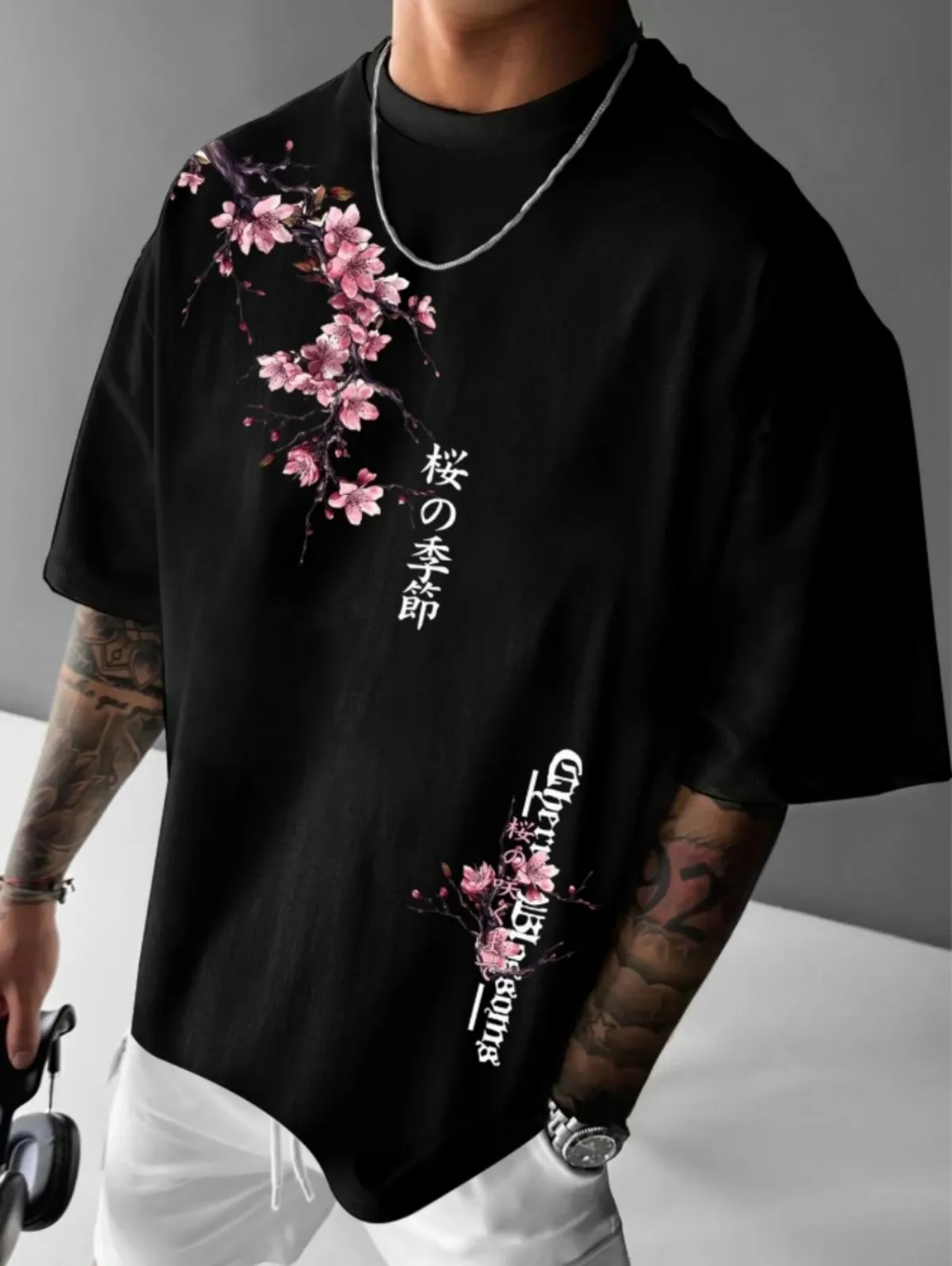 American men's summer cherry blossom branch letter print soft and breathable round neck T-shirt outdoor street style top