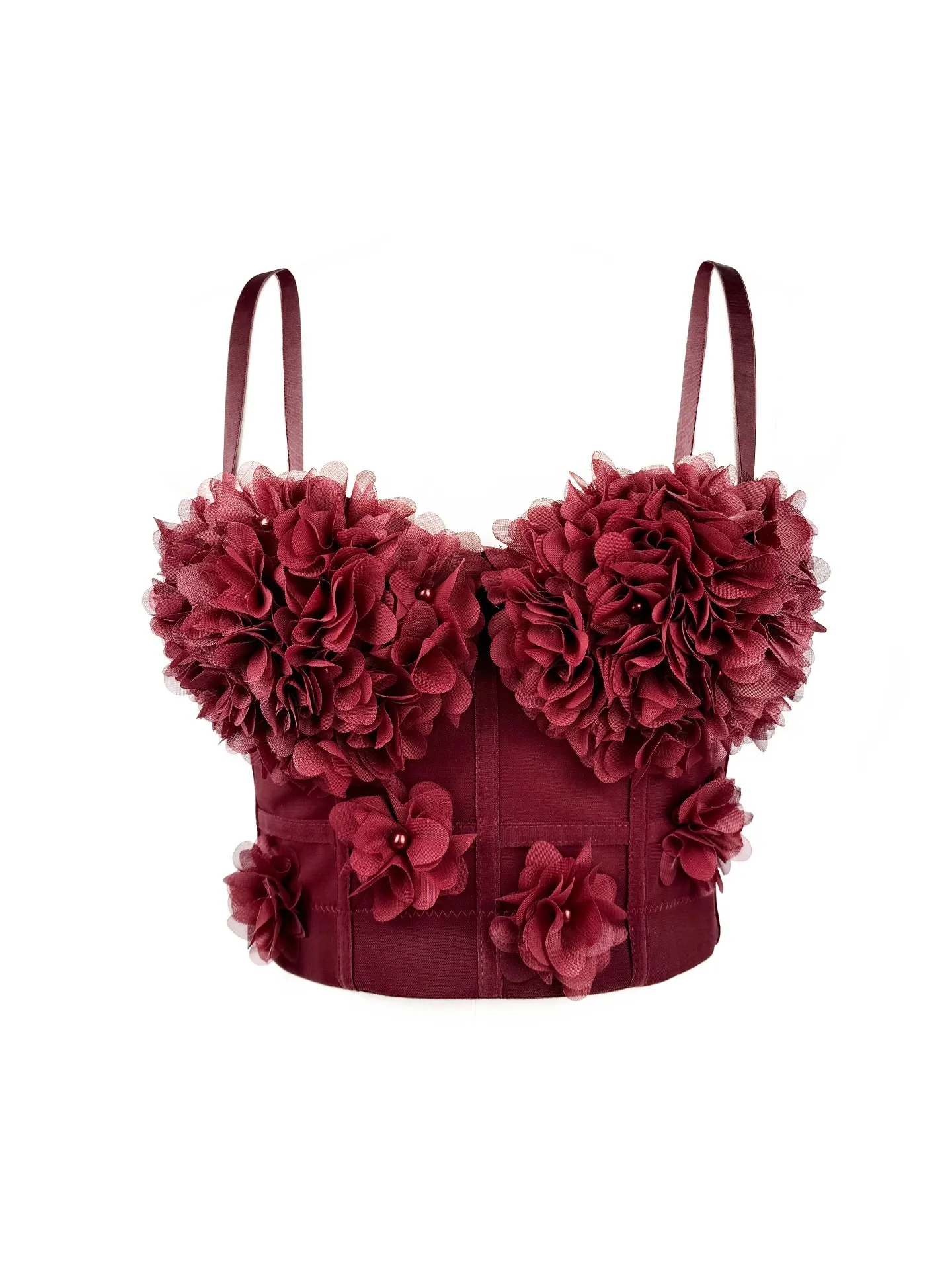 Red Mesh See-through Fishbone Corset with Breast Pad Nailed Bead Three-dimensional Flower Casual Classic Womens Tops