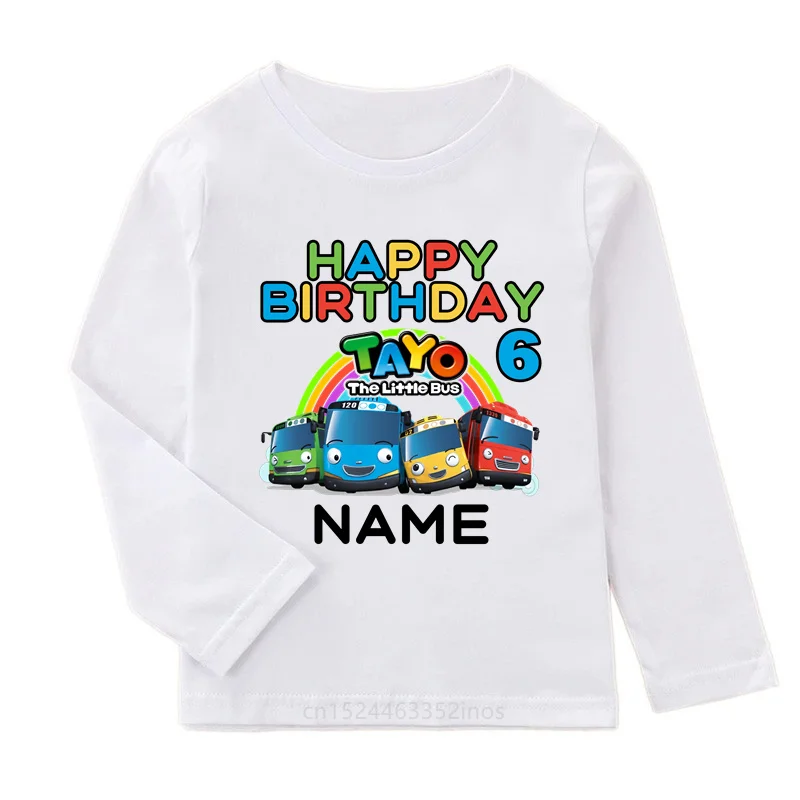 Tayo the Little Bus Print Birthday Boys T-shirts 1 2 3 4 5 6 7 8 9 Years Customize Name Kids Long Sleeve T shirt Girls Clothes